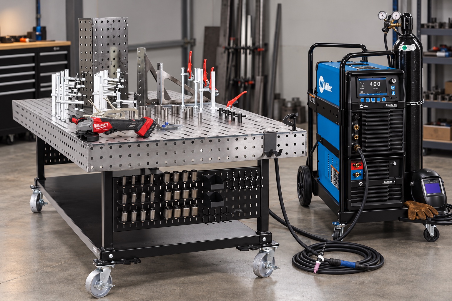 TIG welding equipment, fixture table, tooling, and gas delivery arranged as a complete production setup